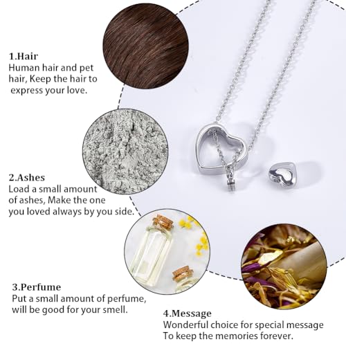 CREATCABIN 1 Box Double Heart Urn Necklace Silver Ashes Necklace 16 Inch Stainless Steel Keepsake Pendant Locket Funnel with Eye Pins Cremation Jewelry for Human Ashes Holder Pets Memorial Funeral