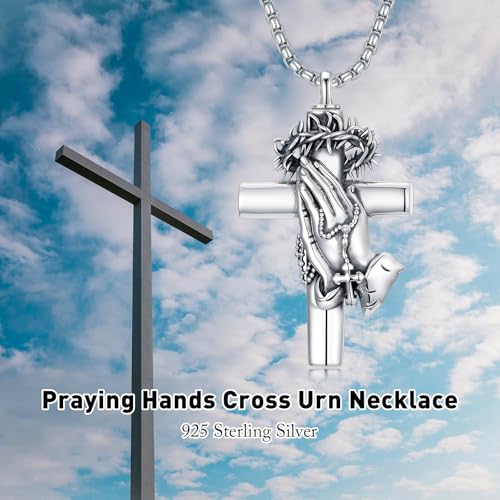 PROESS Praying Hands/Angel/Sword Wings Cross Necklace 925 Sterling Silver Cross Pendant Cremation Jewelry Religious Gifts for Men Christian 3-Cross urn necklace