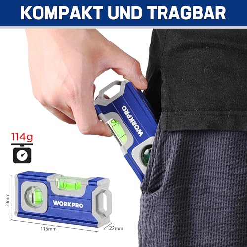 WORKPRO Magnetic Spirit Level 115mm Mini Spirit Level | With 2 levels 90°/180, hanging hole, aluminum alloy, strong magnet, groove design, for measurements