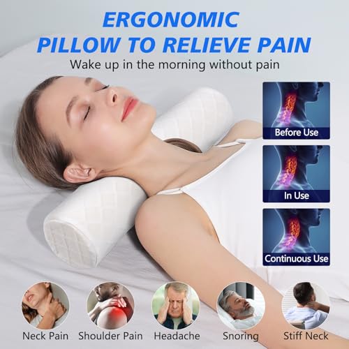 Cozyhealth Cervical Roll Pillow, Medium Soft Memory Foam Neck Round Pillow Cylinder Bolster Pillow for Sleeping, Round Neck Support for Bed, Legs, Back and Yoga (White, Large - 4.7" H) White