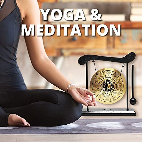 Mandala Crafts Chinese Gong - Mini Zen Art Brass Feng Shui Desktop Gong With Stand - Asian Bell for Home Decoration and Chinese Zodiac Signs
