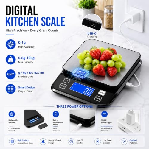 Waterproof Digital Kitchen Scale 0.1g Precision, Stainless Steel Electronic Scale with 3 Power Options (Rechargeable/AAA/Built-in), 10 Units Conversion, Smart Standby, 10kg Capacity 0.1g/10kg Black