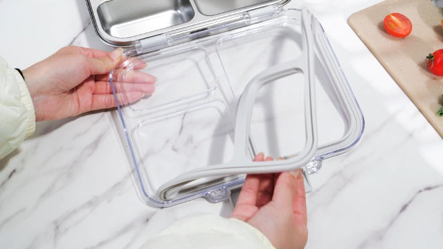 Stainless Steel Bento Box for Kids, 3-Compartment Metal Lunch Box with Clear Lid & Removable Silicone, Lunch Box Kids with Silicone Inner Container for Meal Prep, School, Office (Grey) Grey