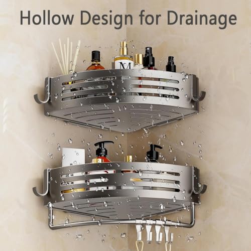 NOETICUS Corner Shower Caddy, 2 Pack Aluminum Alloy Shower Shelves with Adhesive Stickers, No Drilling, Removable Organizer with Towel Bar & Hooks