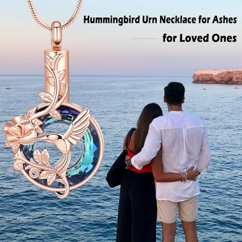 Hearbeingt Hummingbird Urn Necklaces for Ashes Cremation Jewelry for Women Rosegold-blue