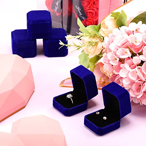 Blue velvet jewelry ring boxes by Junkin, 24-pack, ideal for wedding jewelry display, with soft interior and elegant design.