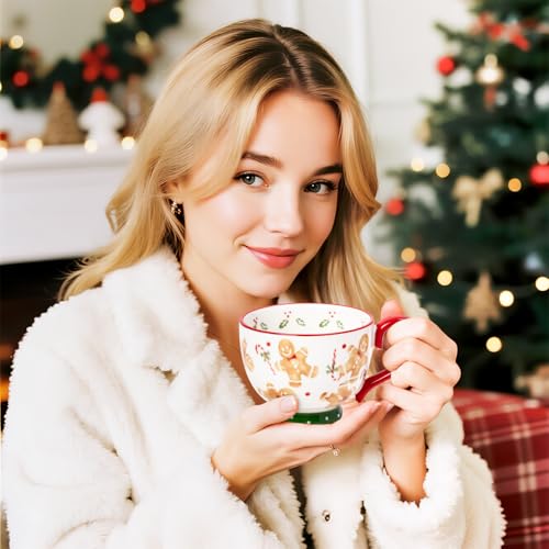 Christmas Ceramic Coffee Mug - 15 OZ Merry Christmas Gingerbread Man Coffee Cup with Spoon, Xmas Themed Tea Milk Drinking Mugs, Winter Holiday Cups Funny Gift for Women Men Children Kids Family