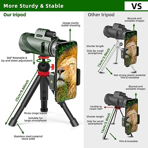 40x60 High Powered Monocular Telescope for Adults with Smartphone & Tripod Amry Green
