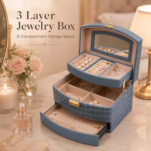 3 Layer Jewelry Box for Women with Mirror & Secure Lock(Blue) Blue