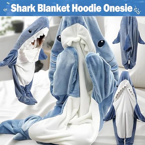 DDMY Shark Blanket Cozy Blanket Hoodie, XL Size Flannel Shark Onesie Wearable Blanket for Adult Cartoon Throw Blankets Shark Sleeping Bag XL-Flannel