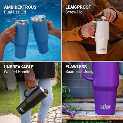 50oz Tumbler with Handle and Straw - Large Insulated Travel Mug for Water, Hot and Iced Coffee - Leak Resistant Stainless Steel Insulated Tumbler with Lid - Gifts for Mom, Women and Men (Matte Black) 50 Ounces Matte Black