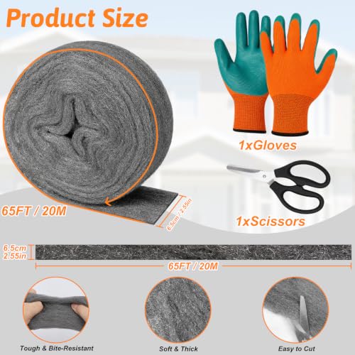 Steel Wool Against Mice - 20 m Roll #1 Coarse, 6.5 cm Wide - Mouse Hole Filler - Grade #1 Coarse for Mouse, Rat, and Rodent Control (Includes Gloves and Scissors) #1 #1 Steel Wool