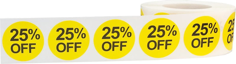 25% Percent Off Stickers for Retail 1 Inch 500 Adhesive Labels