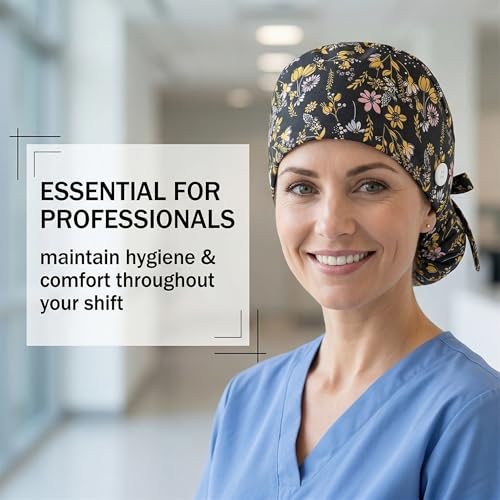 Nurse Caps, 1 Surgical Cap, Nurse Cap, Work Hood with Buttons and Straps - Adjustable and Reusable, Suitable for Long Hair