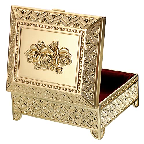 Hipiwe Gold Vintage Jewelry Box Rectangle Metal Trinket Organizer for Women Medium