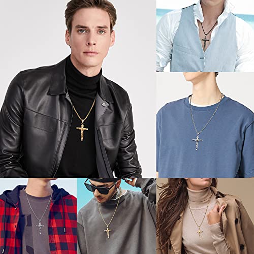 JeweBella Cross Necklace for Men Women Stainless Steel Jesus Crucifix Cross Pendant Venetian Chain 61 CM Silver/Gold/Black Religious Jewellery Gift A:Silver