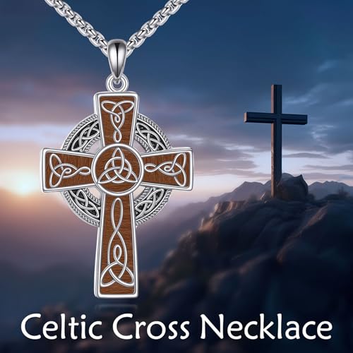 DAYLINLOVE Celtic Cross Necklace 925 Sterling Silver Wood Cross Pendant Necklace Celtic Viking Irish Jewelry Religious Protective Gift for Men Women