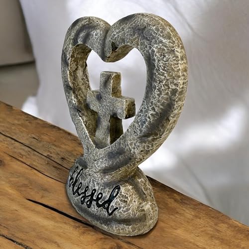Top Brass Blessed Heart and Cross Standing Figurine – 5.5” Rustic Inspirational Statue with Engraved ‘Blessed’ Script, Christian Tabletop Décor, Faith-Based Home Accent, Spiritual Item for Loved Ones