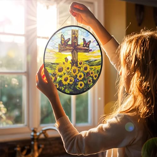 Cross Stained Glass Sun Catcher, 8 Inch Window Hanging Christian Gifts Cross and Sunflower