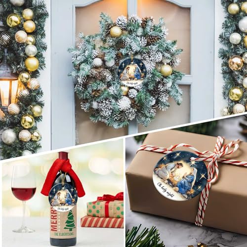 Oh Holy Night Ornaments Round Ceramic Birth of Jesus Mary Joseph Christ Ornament Christmas Keepsake Decor for Christmas Tree Winter Holiday Xmas Gift for Women Men Xmas Hanging Ornament 3" Nativity Night #H056