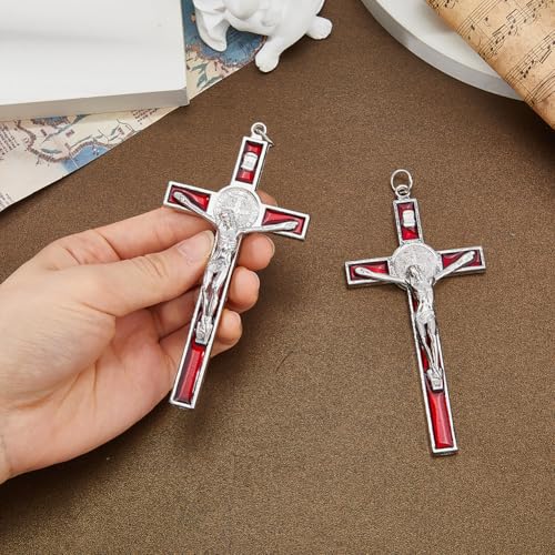 DICOSMETIC 2Pcs 11x5.5cm Metal Crucifix Wall Cross Saint Benedict Wall Crosses Red Enamel Jesus Christ Crucifix Catholic Christian Cross Decor Easter Gifts for Women Men 109.5x54.5x12.5mm