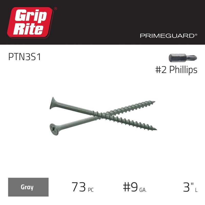 [Australia - AusPower] - Grip-Rite PTN3S1 PG10 Polymer Coated #8 x 3 Coarse Thread Deck Screw, Gray, 1lb Box #8 x 3" 