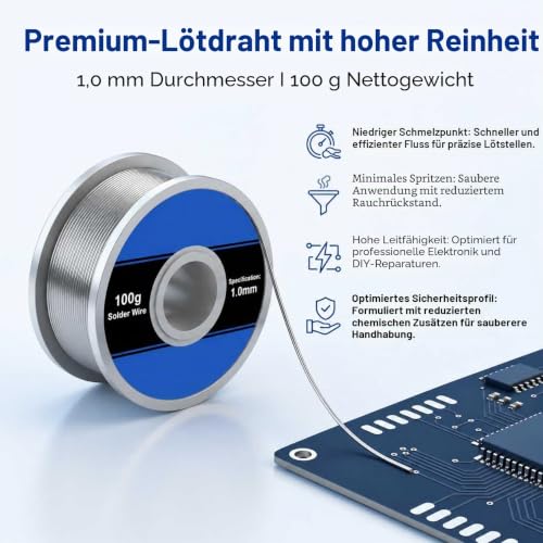 Solder with Flux 1mm 100g, Stable and Precise Welding | Solder wire for circuit boards, electronics repair, DIY, low temperature solder with rosin core for clean, stable soldering