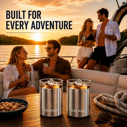 Whiskey Glasses Set of 2, Insulated Tumbler with Removable Glass Insert, Insulated Cocktail Glass, Old Fashioned Lowball for Margaritas, Bourbon, Whiskey, 10oz, Stainless Steel
