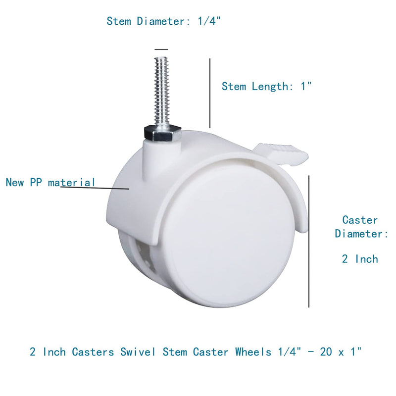 [Australia - AusPower] - 2 Inch Casters Swivel Stem Caster Wheel 1/4" - 20 x 1" New PP Furniture Shelving Casters Replacement Castors with Brakes (with Brake-White) With Brake-White 