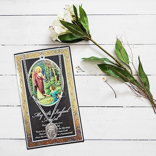 Trendzeen St Raphael Pendant Necklace With Lord's Prayer Card - Genuine Pewter Medallion - Saint Necklace for Men and Women - Patron Medal Jewelry, 2 Items Set