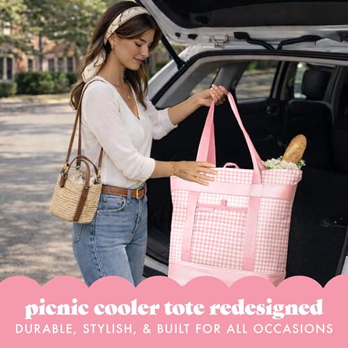 Fit & Fresh XL Insulated Cooler Bag for Groceries, Collapsible Soft Cooler Pink Gingham