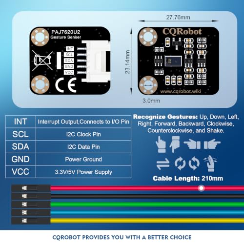 CQRobot PAJ7620U2 Gesture Detection Sensor Detects Up To 9 Gestures | Compatible with Arduino & Raspberry Pi & STM32 board, I2C interface, infrared LED and optical lens
