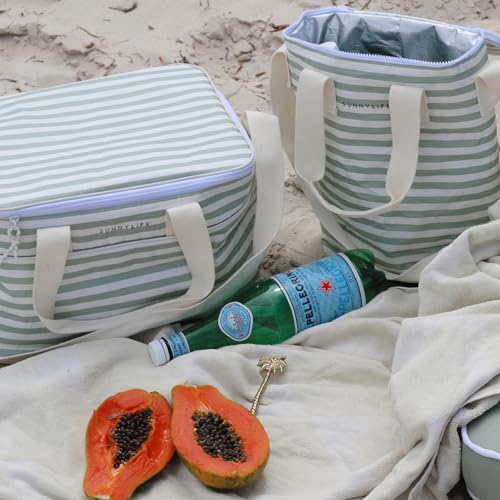 SUNNYLiFE Light Cooler Drinks Bag, Sea Sage Stripe, PP/PEVA/EPE Material, 13.39 x 9.45 x 4.33 inches, 0.73 lbs, Insulated, Collapsible, 8L Capacity, Includes Freezable Gel Ice Pack