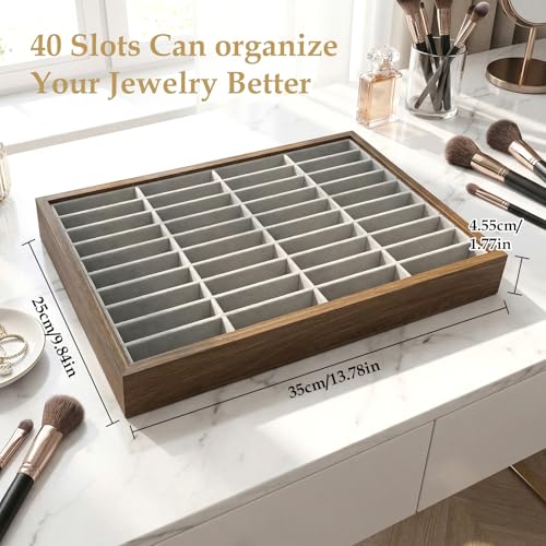 40‑Slot Bracelet Watch Necklace Jewelry Display Storage Box – Velvet Wood Tray Organizer for Bangles, Jade, Stackable for Retail Shows or Personal Use – Black