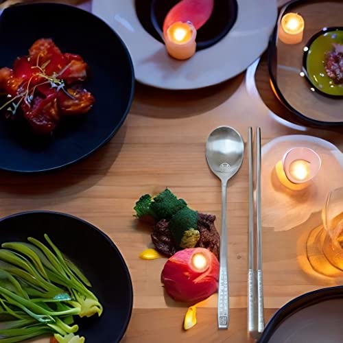 Korean Chopsticks Spoon 2 Set - METAL STAINLESS STEEL -Printed Hangul Characters (Hangul-Silver) Hangul-Silver