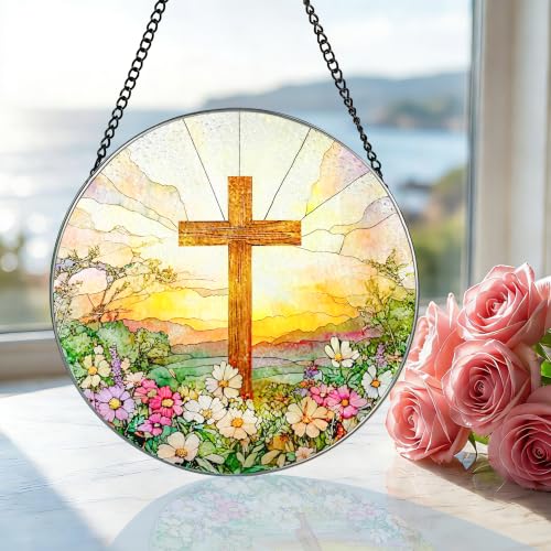 MAYNA Christian Cross Stained Glass Suncatcher, Wildflower Sun Catchers