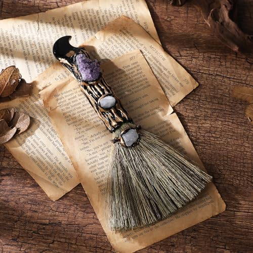 RENEMEGO Witch Crystal Altar Broom - Witchcraft Supplies Wiccan Decor Altar Supplies with Moon Black Obsidian Natural Healing Crystals Reiki Energy Emotional Regulation Wealth Attraction Crafts
