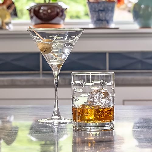 Rolf Glass School of Fish 13 oz Double Old Fashioned Whiskey Cocktail Glass | Set of 2 | Engraved Lead-free Tumbler Glasses | Made in the US 13oz Double Old Fashioned 2 Count (Pack of 1)