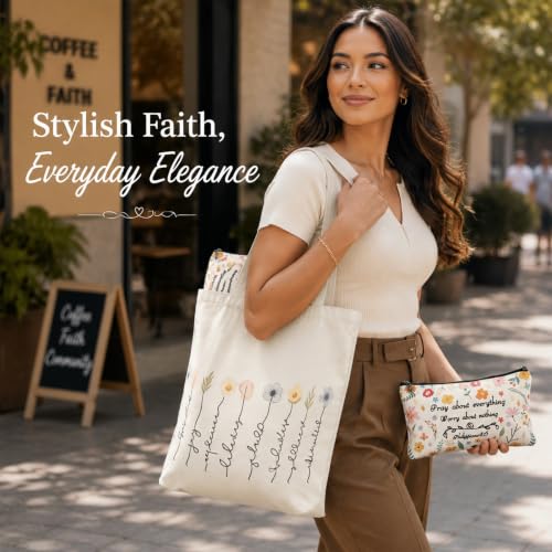Baptism Gifts for Women - 4PCS Christian Gifts, Christian Cosmetic Bags, Flowers Bible Shoulder Bags, Bible Verse Keyring and Bookmark, Reusable Shopping Bag for Women,Religious Present for Communion