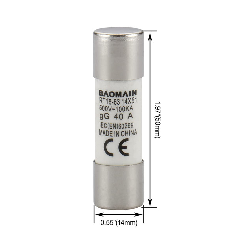 Baomain RT18-63 Fuse Holder Base with 10x40A Ceramic Fuses (14x51mm) – 2 Pole DIN Rail Mount, LED Indicator, CE Certified (40 Amp) RT18-63(X)-2P-40A