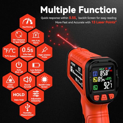 SURPEER infrared thermometer temperature gun pyrometer with digital display and laser targeting