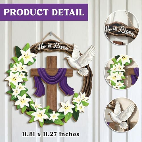 He is Risen Easter Wreath, Wooden Christian Cross Door Decor with Lily Flowers & Dove, Faith-Inspired Easter Hanging Sign for Front Door, Wall, Farmhouse Spring Decor