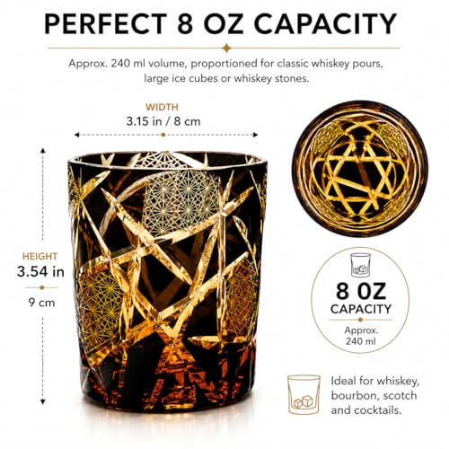 Black Amber Hand-Cut Crystal Old Fashioned Whiskey Glass, 8 oz Black Amber Lightning Cut