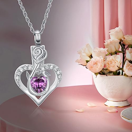 Roseflower Cremation Jewelry Heart Urn Necklace for Ashes for Women Gilrs Memorial Keepsake Birthstone Pendant Necklaces for Ashes of Loved Ones Silver-purple