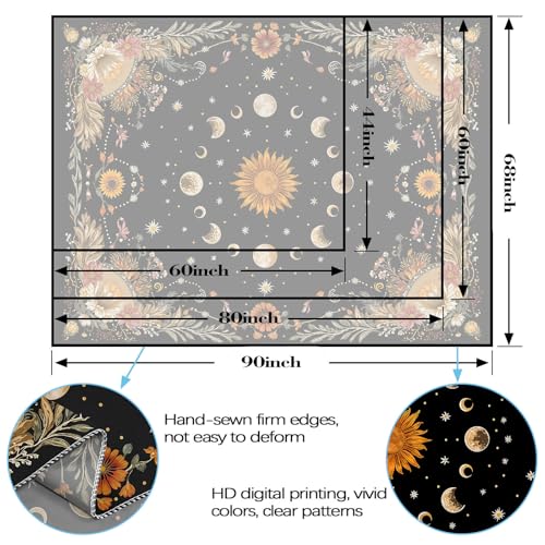 Yeoiat Tapestry Celestial Sunflower Tapestries Lunar Phase Wall Hanging Black and Gold Boho Fine Art Decor Bedroom Dormitory Decoration 90"x70" 90"L x 70"W Black Orange