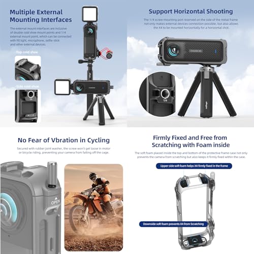 Insta 360 X4 Aluminum Metal Frame Cage Mount Clamp with Silicone Lens Cap Screen Protector for Insta360 X4 X 4 Camera Accessories Kit Multi-use Adapter Case Bag Anti-Scratch Hard Film Cover