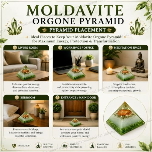Moldavite Orgone Pyramid – Energy Generator for Healing, Meditation – Spiritual Crystal Decor with Copper, Quartz, Chakra Stones – Reiki Tool & Gift