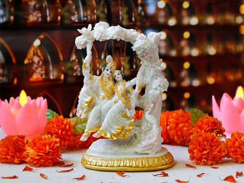 BangBangDa Radha Krishna Statue on Swing - Marble Color 6.7”H Polystone Indian Murti Krishna Idol for Valentine/Wedding/Birthday/Diwali for Indian Family Man Women Pooja Item