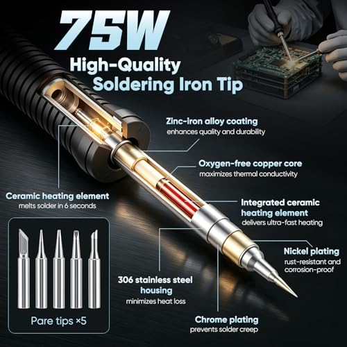 Soldering Iron Set 75 W, Soldering Station with Sleep Mode and Adjustable Temperature 100-480 °C, Soldering Station Digital PID & LED Display, Soldering Set with 5 Soldering Tips, 2 Tweezers for