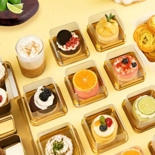 100Set 3X3X1.6 Inch Mini Cake Containers with Clear Lids Gold Base GOLD 100PCS